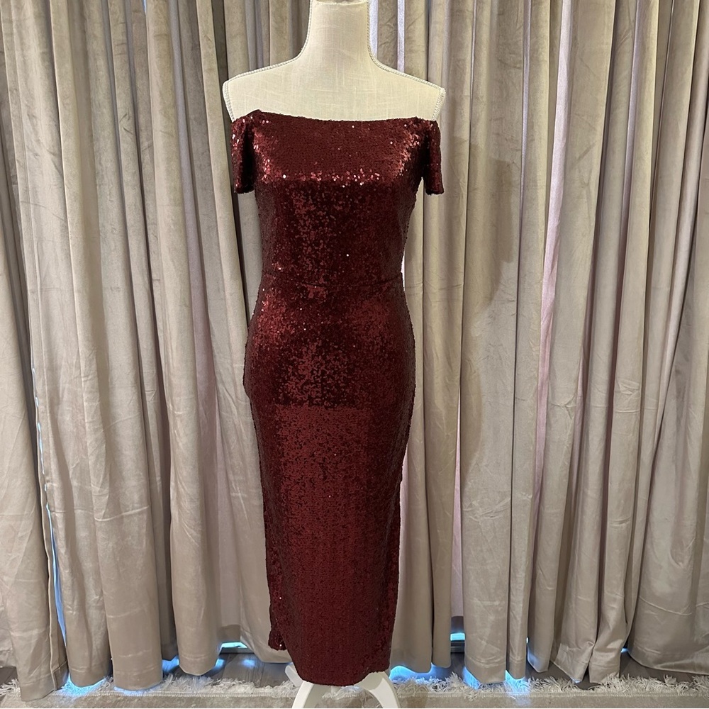 Wine Off the Shoulder Sequin Dress